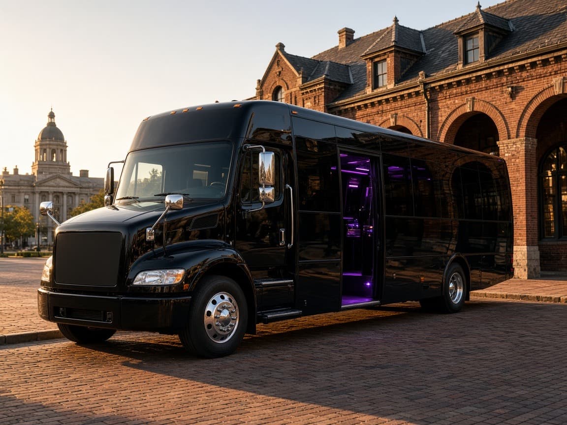 Party bus parked for a Carrollton group pickup before a dinner crawl