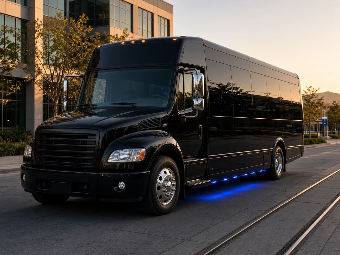 Charter coach waiting at a Richardson office park for an evening team outing