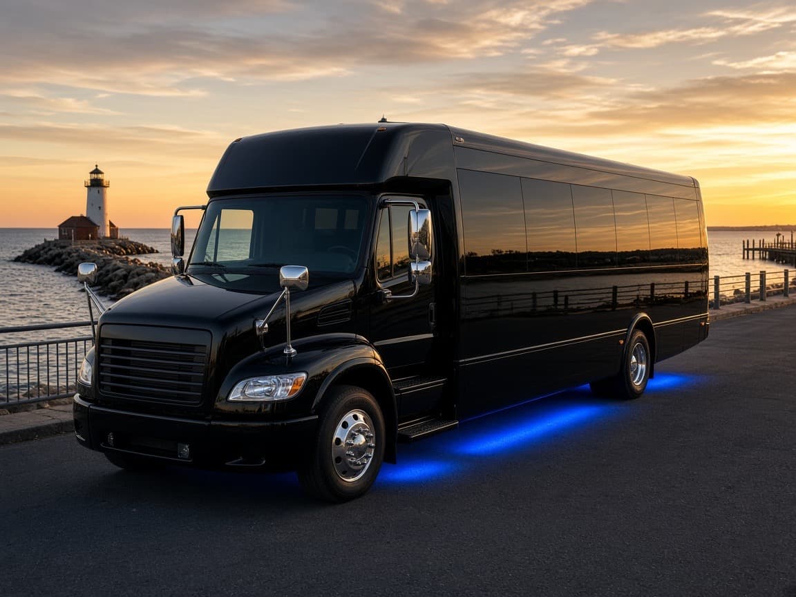 Party bus parked near the Rockwall lakefront before an evening pickup